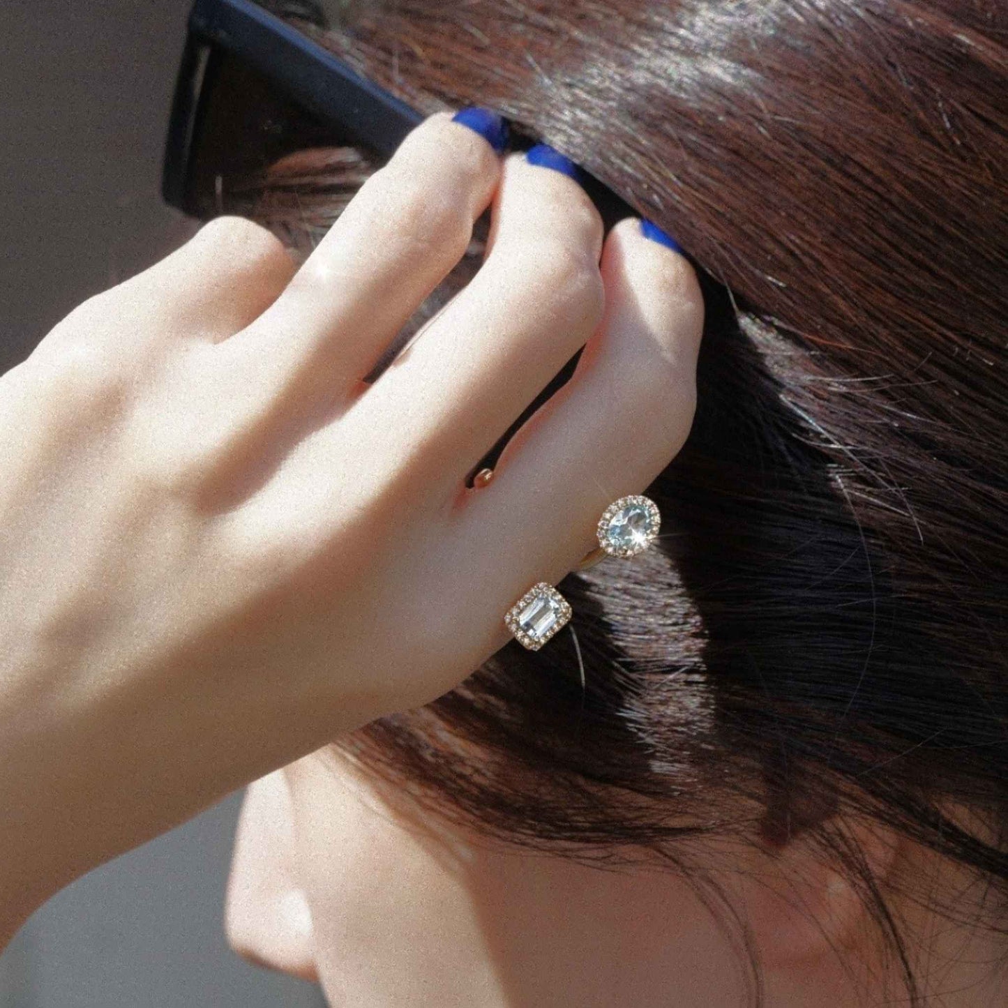 new basic collection / aquamarine diamond double halo ring K18YG