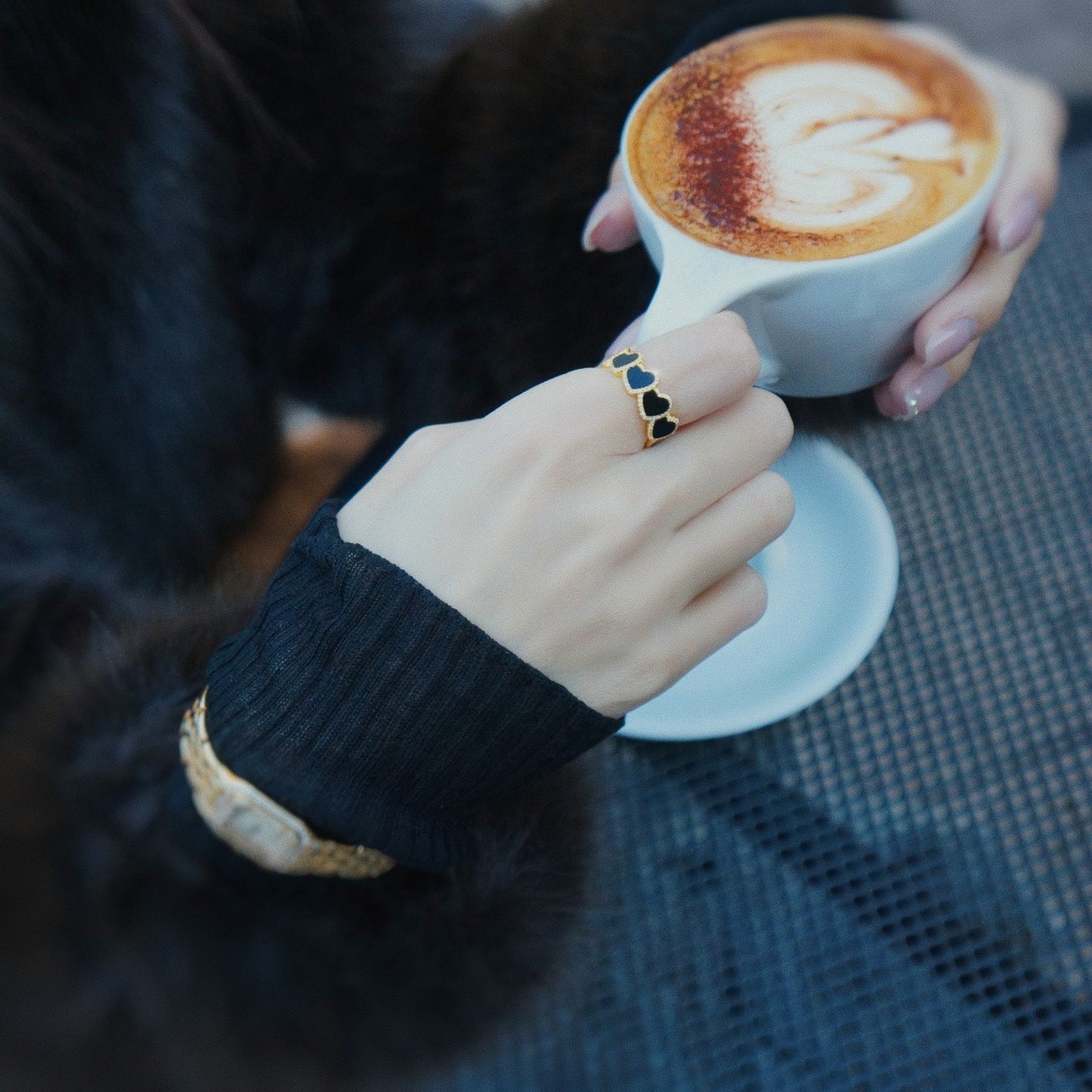refined legacy collection / onyx heart halo ring K18YG